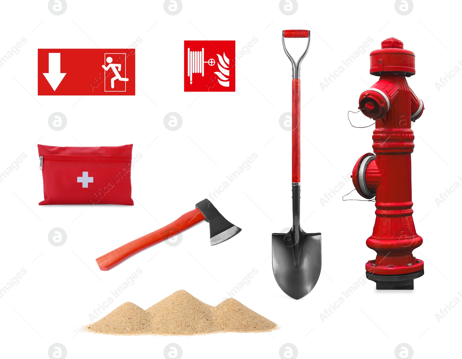 Image of Collage with fire hydrant and other firefighting equipment on white background