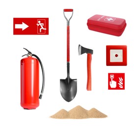 Collage with fire extinguisher and other firefighting equipment on white background