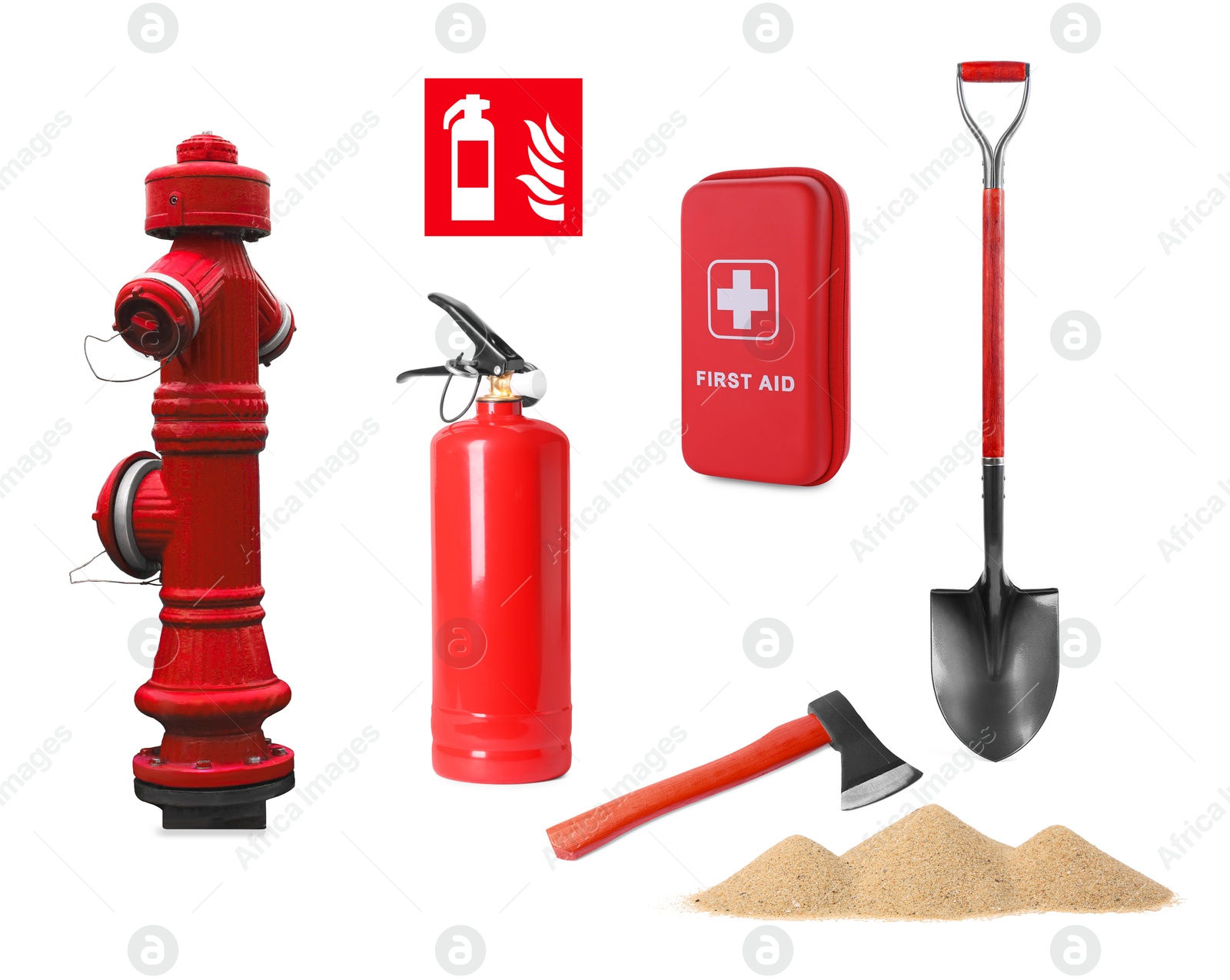 Image of Collage with fire extinguisher and other firefighting equipment on white background