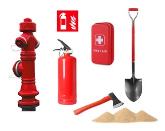 Image of Collage with fire extinguisher and other firefighting equipment on white background