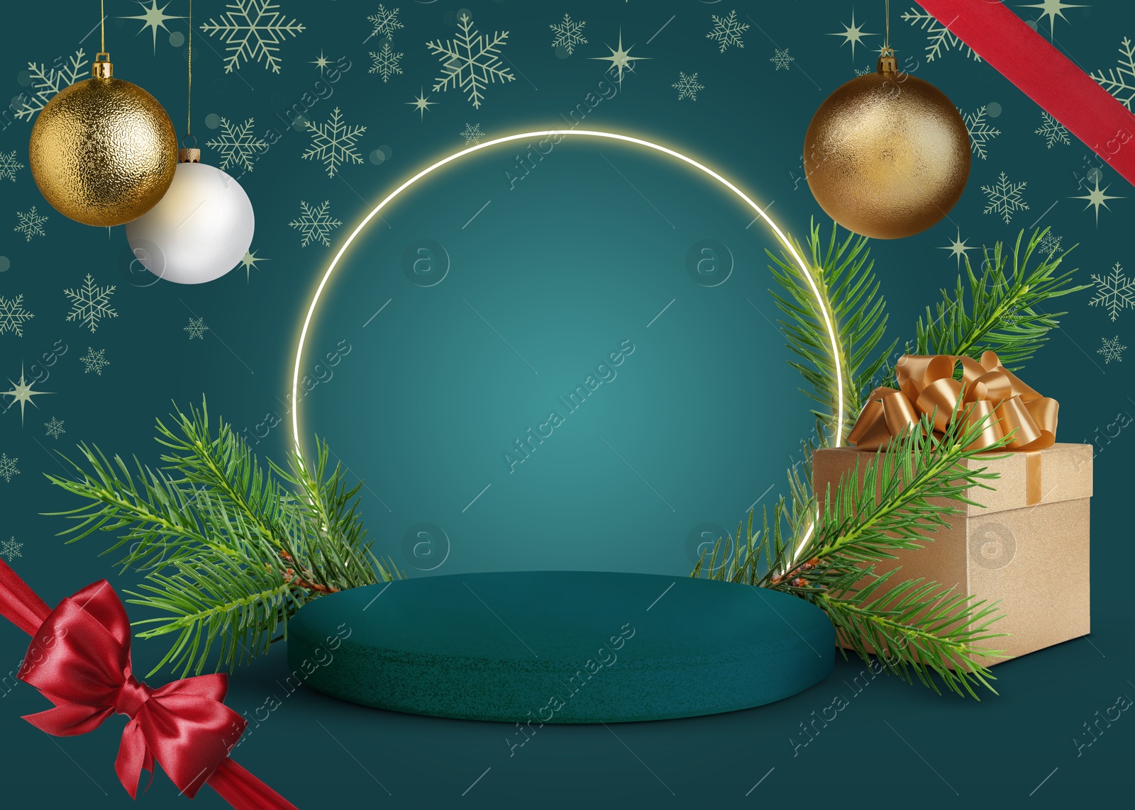 Image of Christmas balls and snowflakes over empty podium and gift box on teal background. Stage for stylish presentation. Xmas poster or sale flyer design