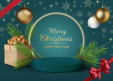 Image of Stylish Christmas greeting card design with festive balls, snowflakes, gift box and podium with fir tree branches on teal background