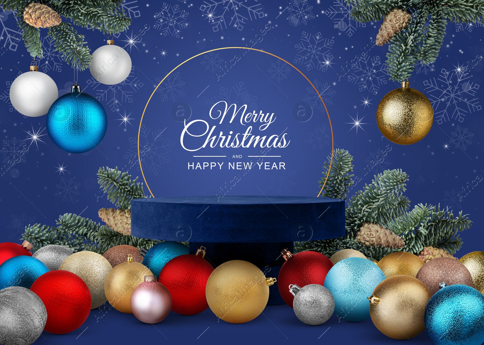 Image of Stylish Christmas greeting card design with festive balls, snowflakes and podium with fir tree branches on blue background