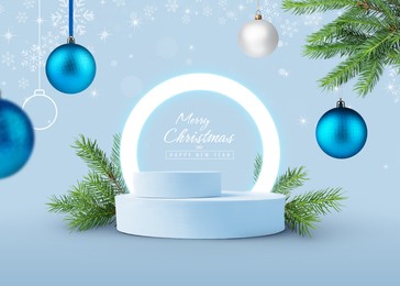 Image of Stylish Christmas greeting card design. Festive balls and snowflakes over podium on light blue background