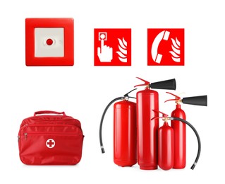 Collage with fire extinguishers and other firefighting equipment on white background