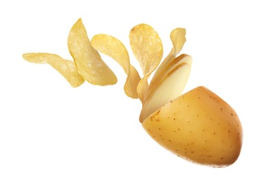 Raw potato turning into tasty crispy chips in air on white background