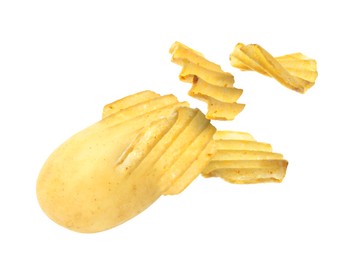 Image of Raw potato turning into tasty crispy chips in air on white background