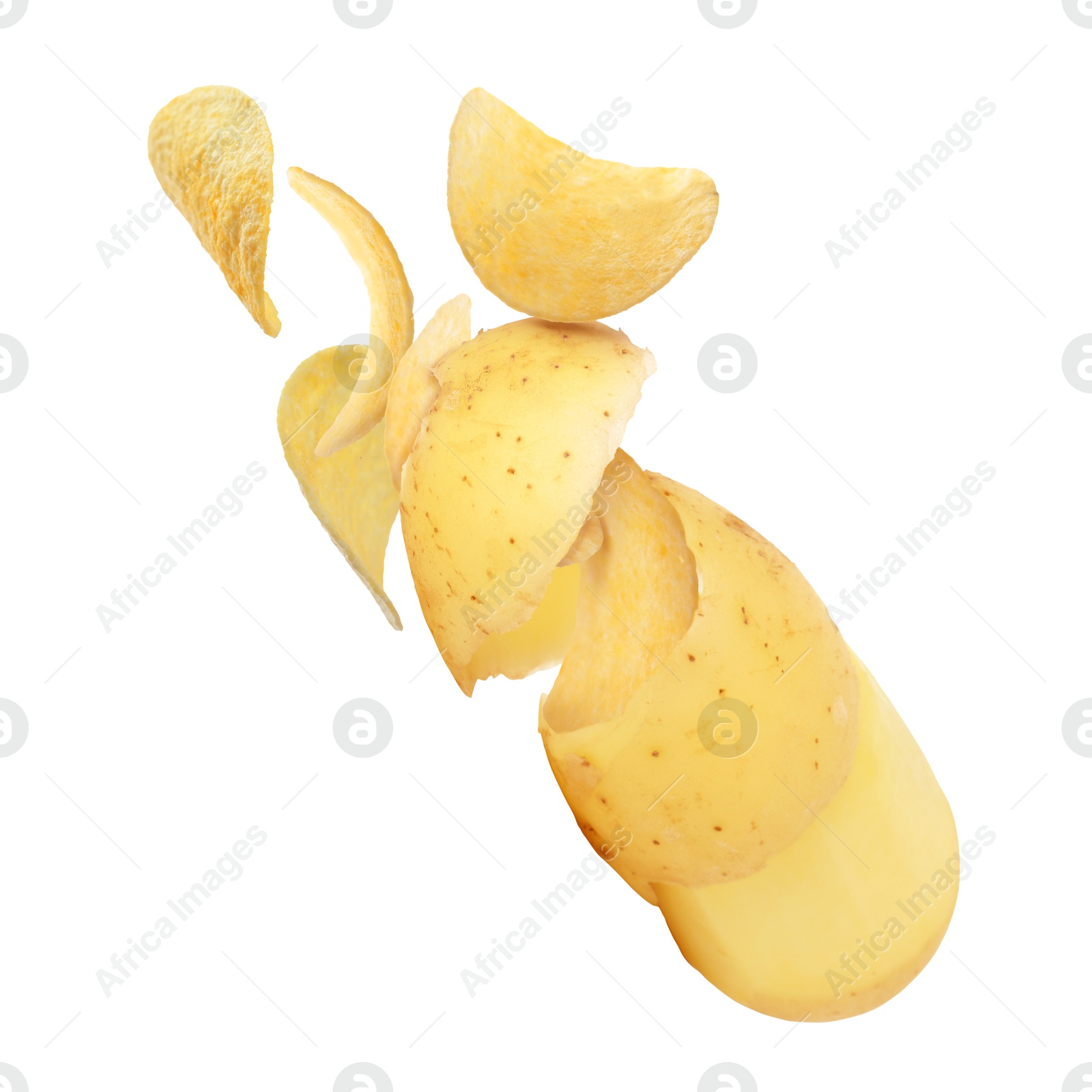 Image of Raw potato turning into tasty crispy chips in air on white background