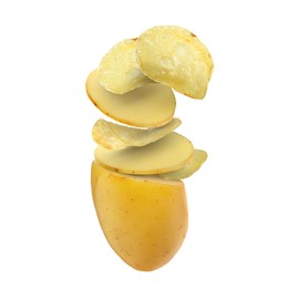 Image of Raw potato turning into tasty crispy chips in air on white background