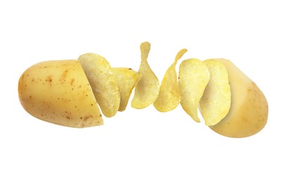 Raw potato turning into tasty crispy chips in air on white background