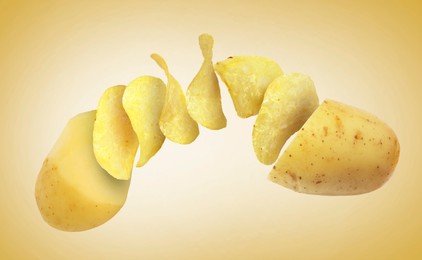 Image of Raw potato turning into tasty crispy chips in air on yellow gradient background