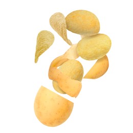 Image of Raw potato turning into tasty crispy chips in air on white background