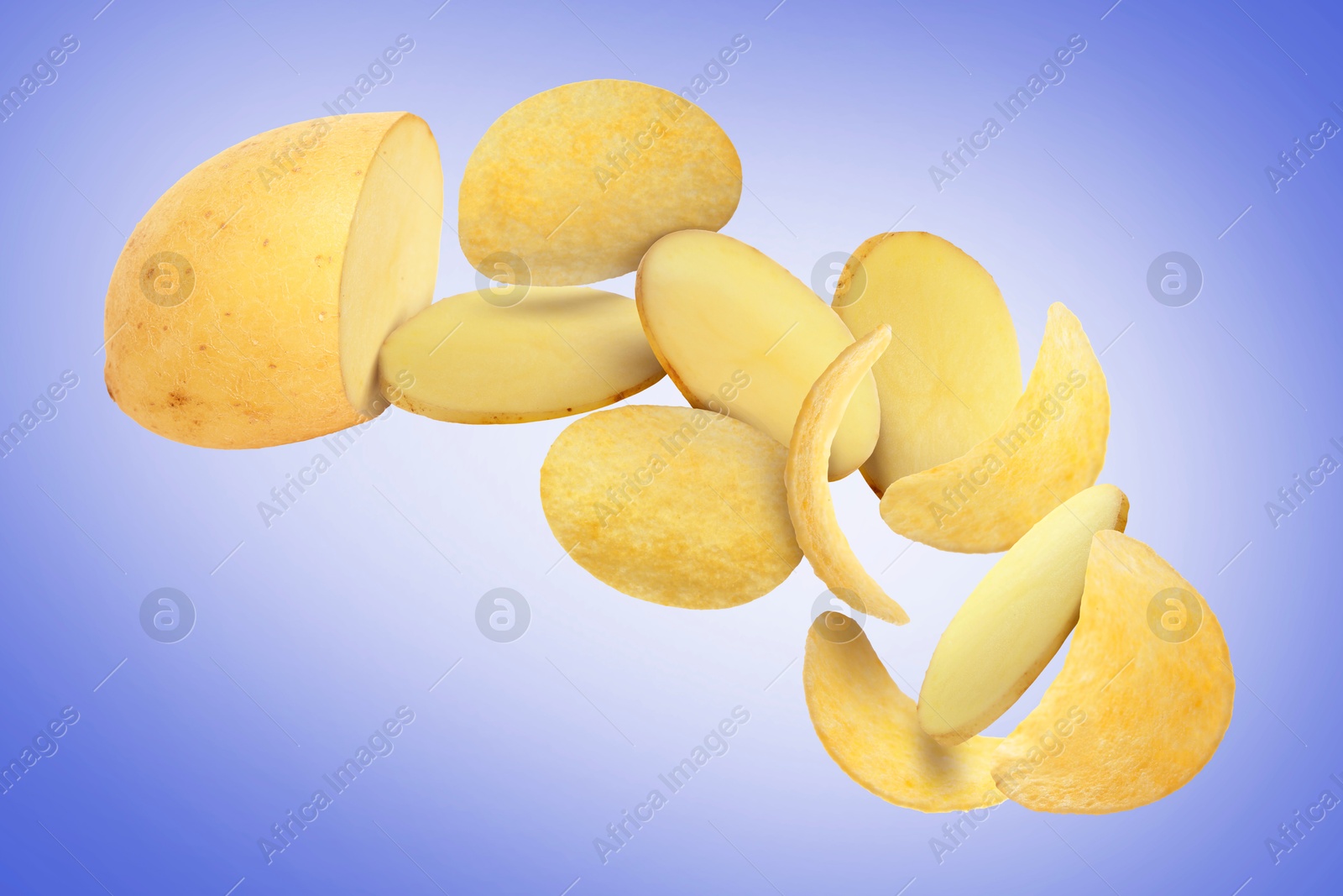 Image of Raw potato turning into tasty crispy chips in air on blue gradient background