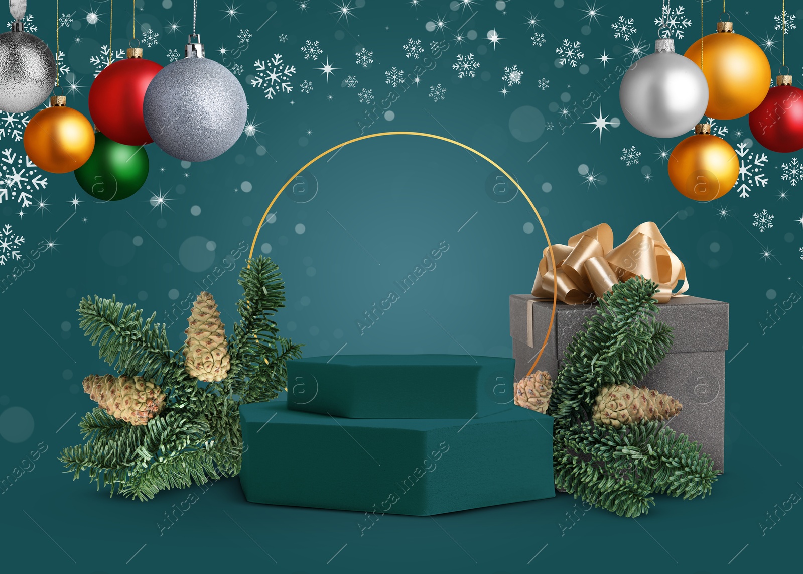 Image of Christmas balls and snowflakes over empty podium with fir tree branches on teal background. Stage for stylish presentation. Xmas poster or sale flyer design