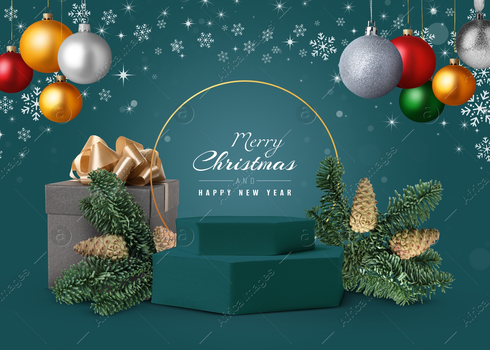 Image of Stylish Christmas greeting card design with festive balls, snowflakes, gift box and podium with fir tree branches on teal background