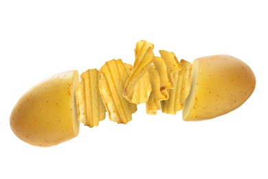 Raw potato turning into tasty crispy chips in air on white background