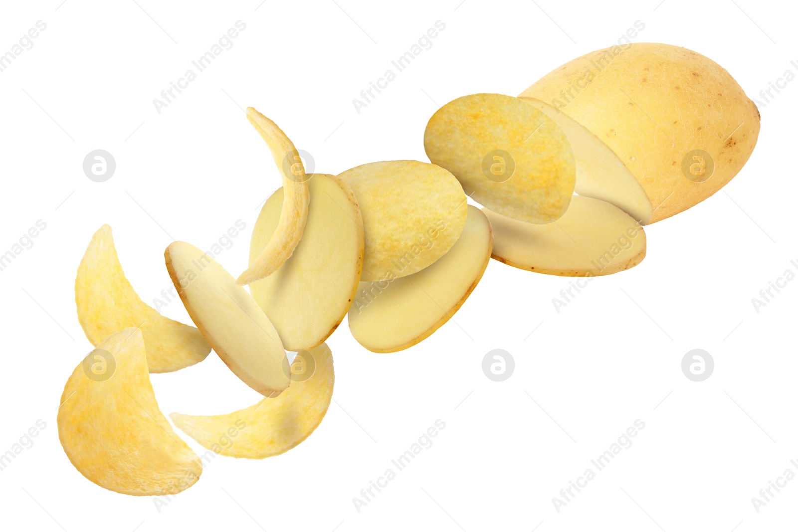 Image of Raw potato turning into tasty crispy chips in air on white background