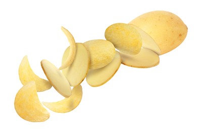 Image of Raw potato turning into tasty crispy chips in air on white background