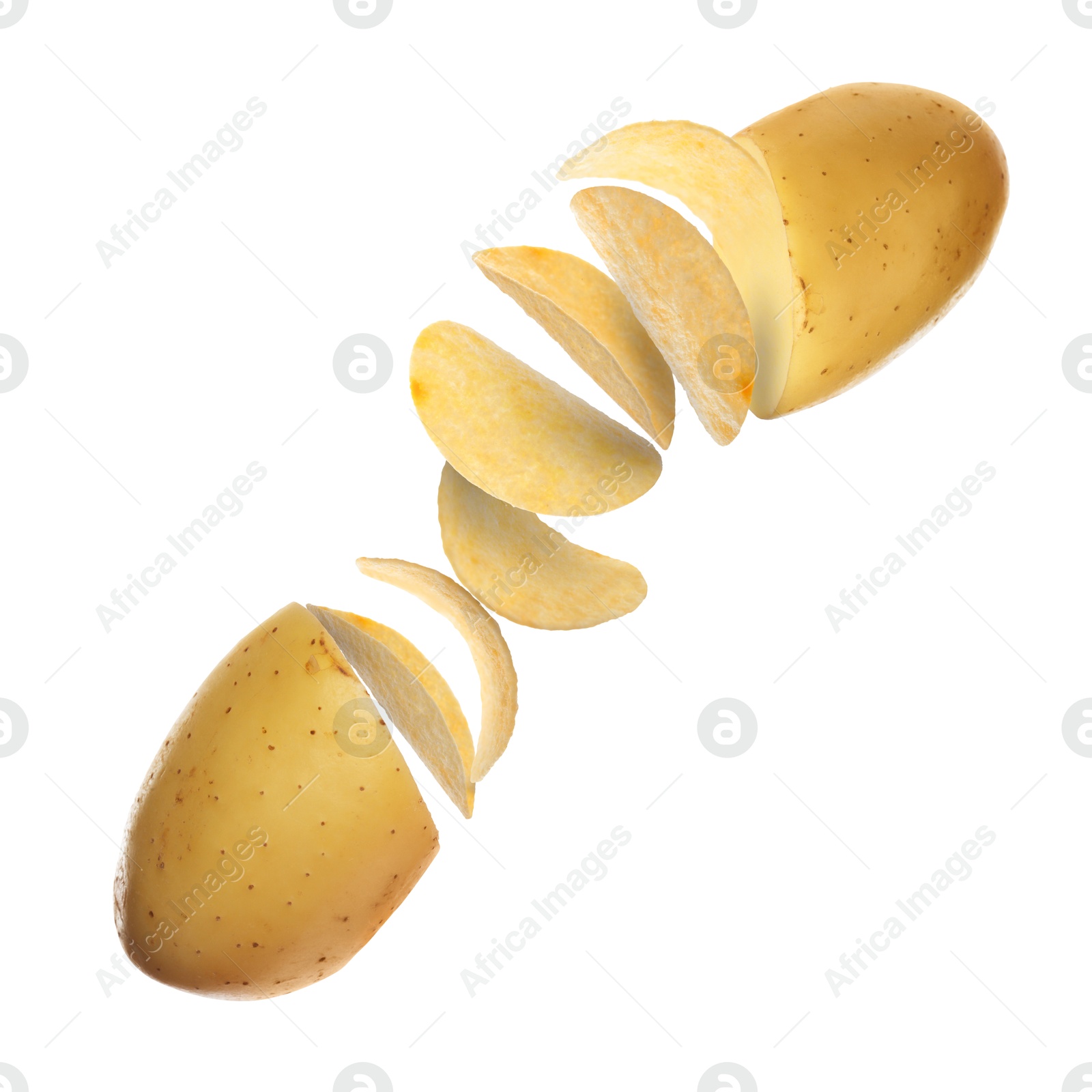 Image of Raw potato turning into tasty crispy chips in air on white background