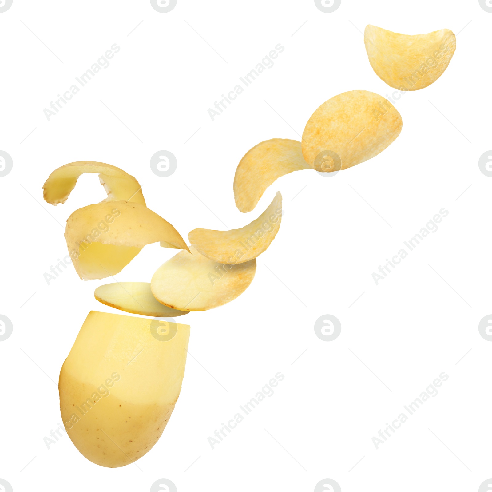 Image of Raw potato turning into tasty crispy chips in air on white background