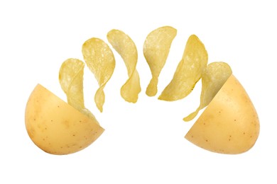 Image of Raw potato turning into tasty crispy chips in air on white background