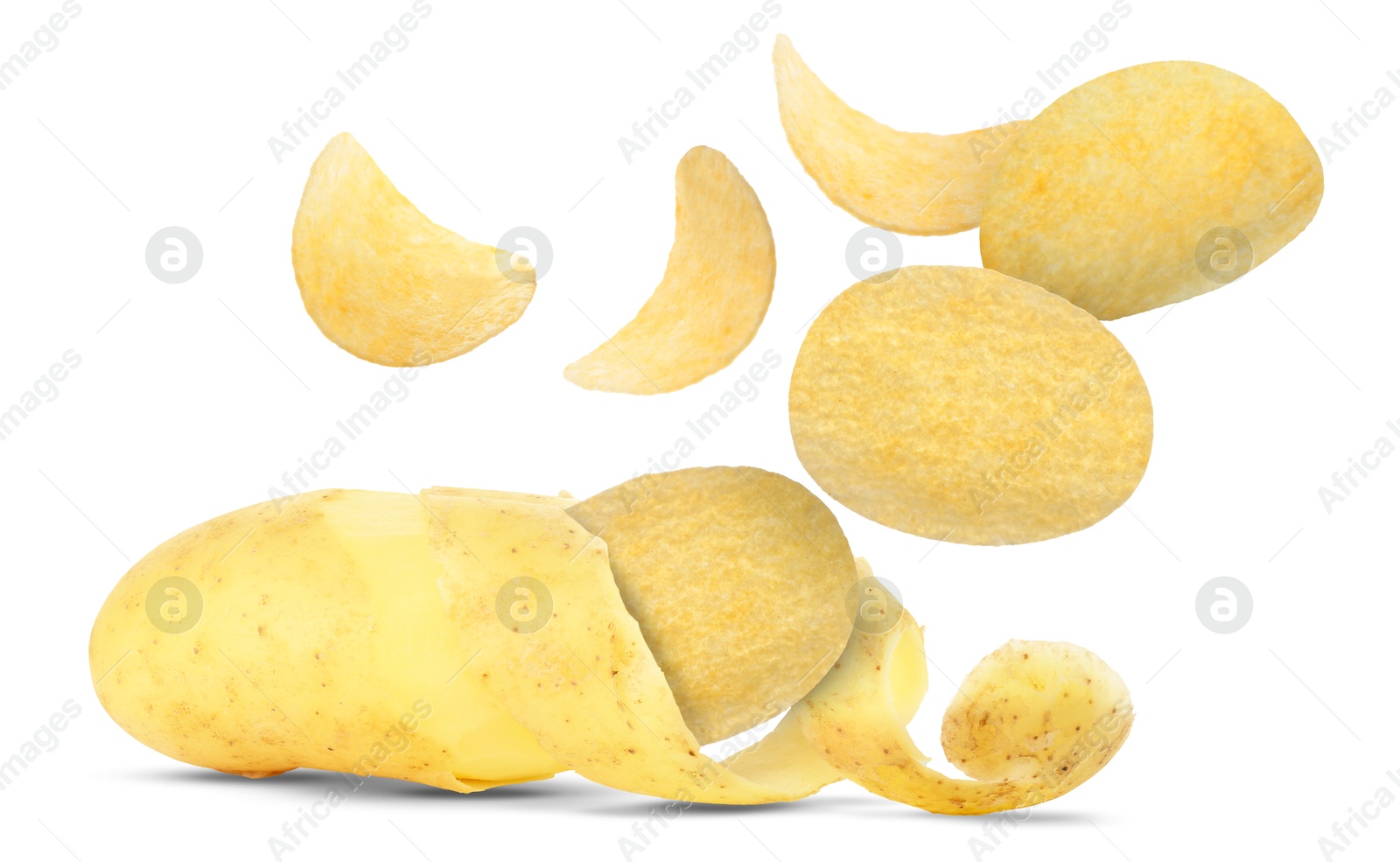 Image of Raw potato turning into tasty crispy chips in air on white background