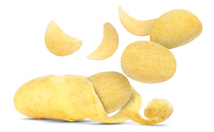 Image of Raw potato turning into tasty crispy chips in air on white background