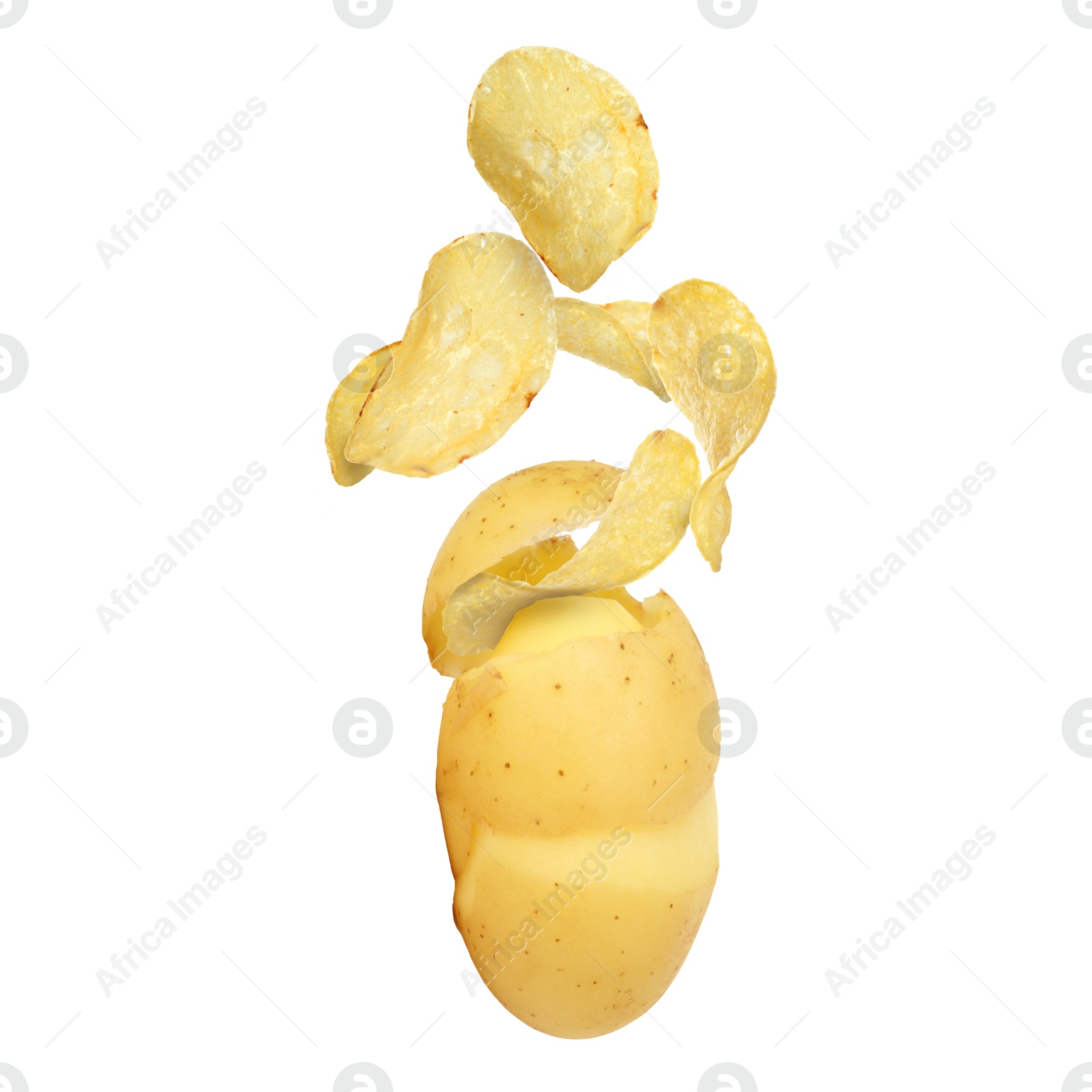 Image of Raw potato turning into tasty crispy chips in air on white background