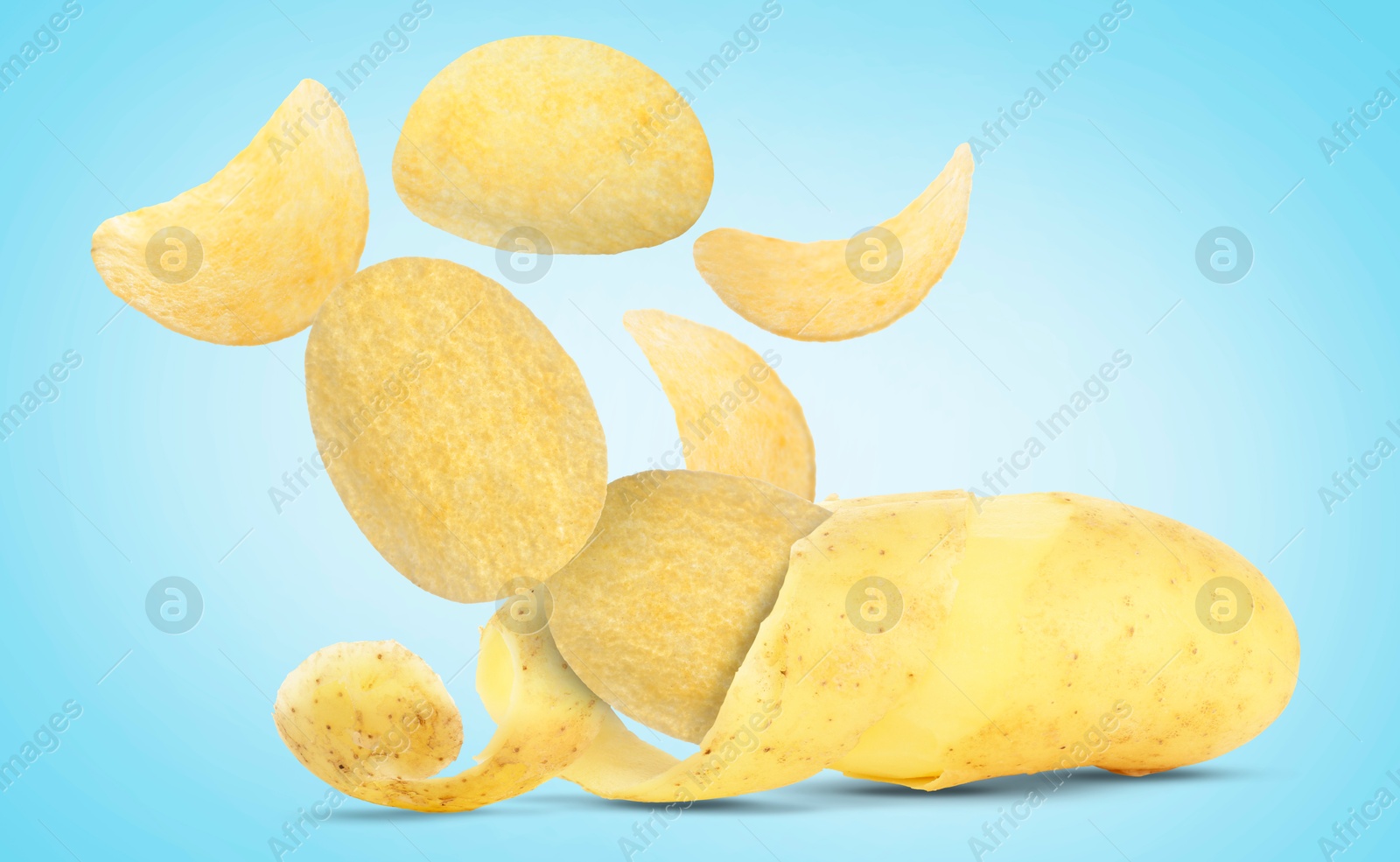 Image of Raw potato turning into tasty crispy chips on light blue gradient background