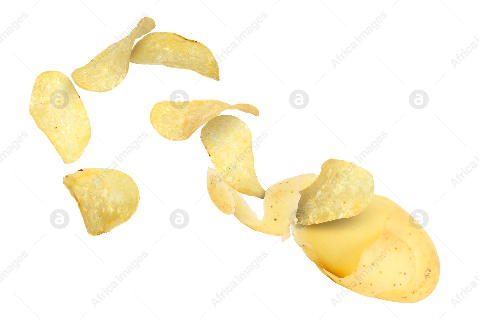 Image of Raw potato turning into tasty crispy chips in air on white background