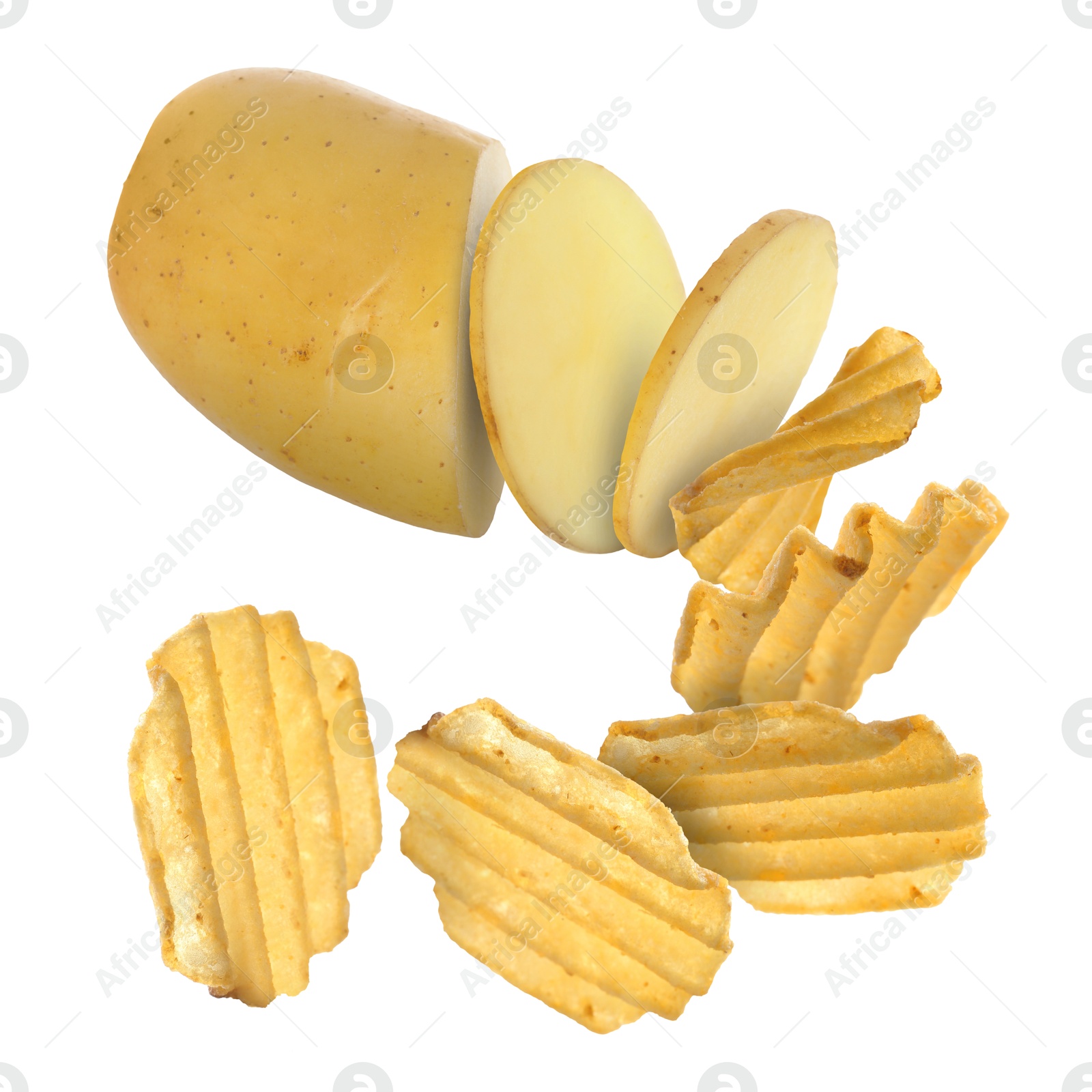 Image of Raw potato turning into tasty crispy chips in air on white background