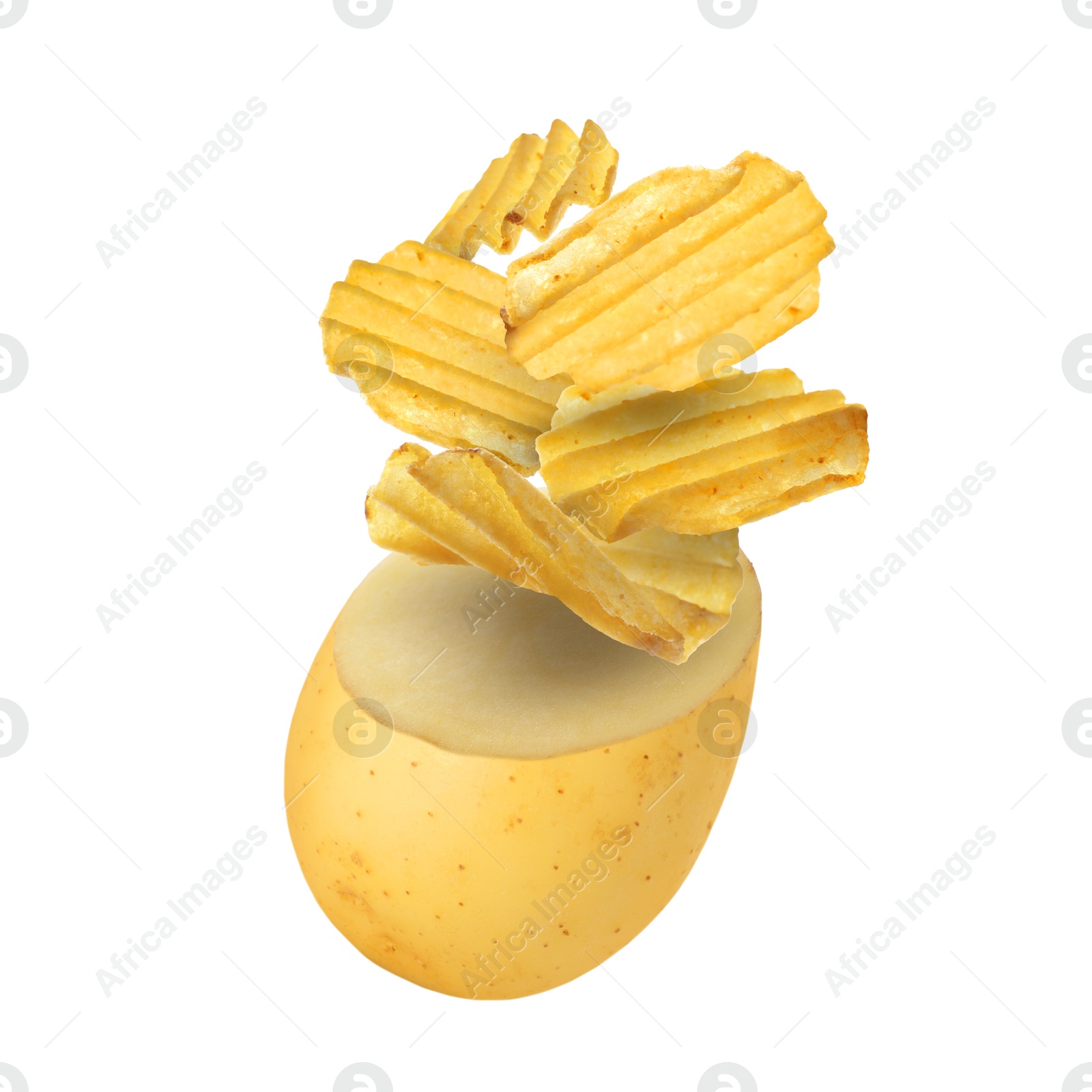 Image of Raw potato turning into tasty crispy chips in air on white background