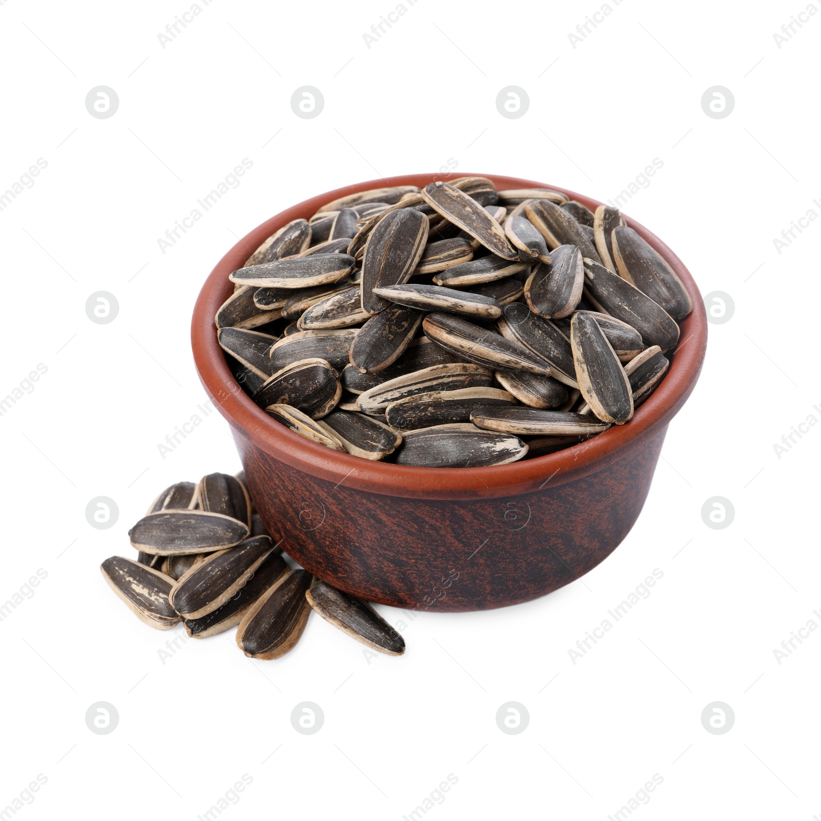 Photo of Sunflower seeds in bowl isolated on white