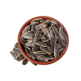 Photo of Sunflower seeds in bowl isolated on white, top view