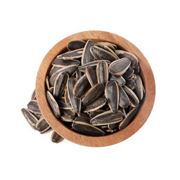 Sunflower seeds in wooden bowl isolated on white, top view