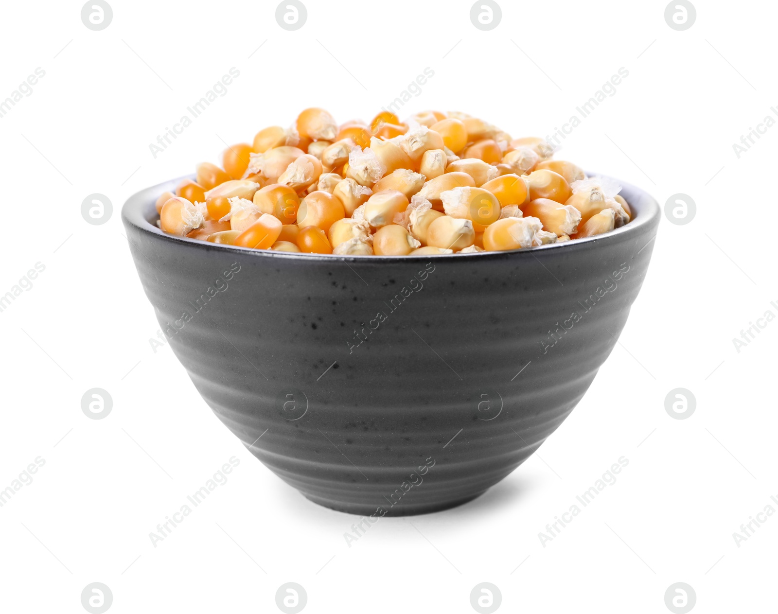 Photo of Fresh corn kernels in bowl isolated on white