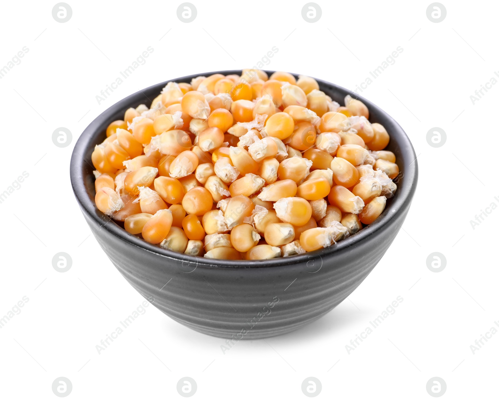 Photo of Fresh corn kernels in bowl isolated on white