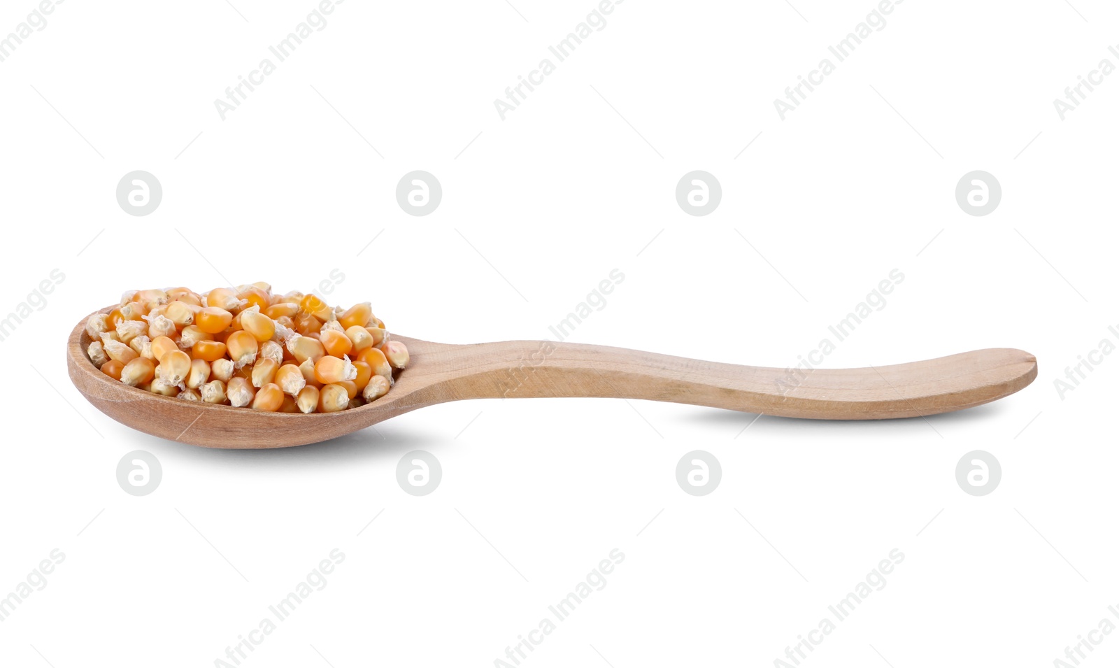 Photo of Fresh corn kernels in wooden spoon isolated on white