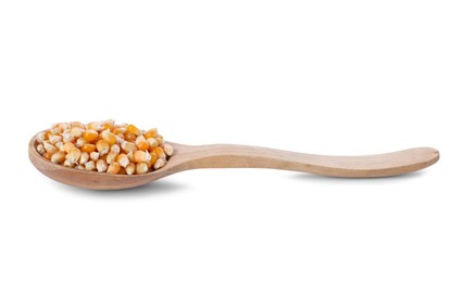 Photo of Fresh corn kernels in wooden spoon isolated on white