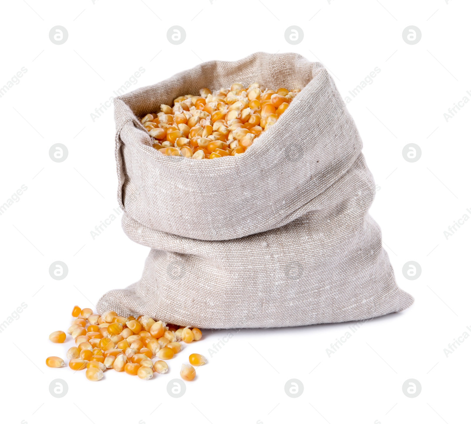 Photo of Fresh corn kernels in burlap sack isolated on white