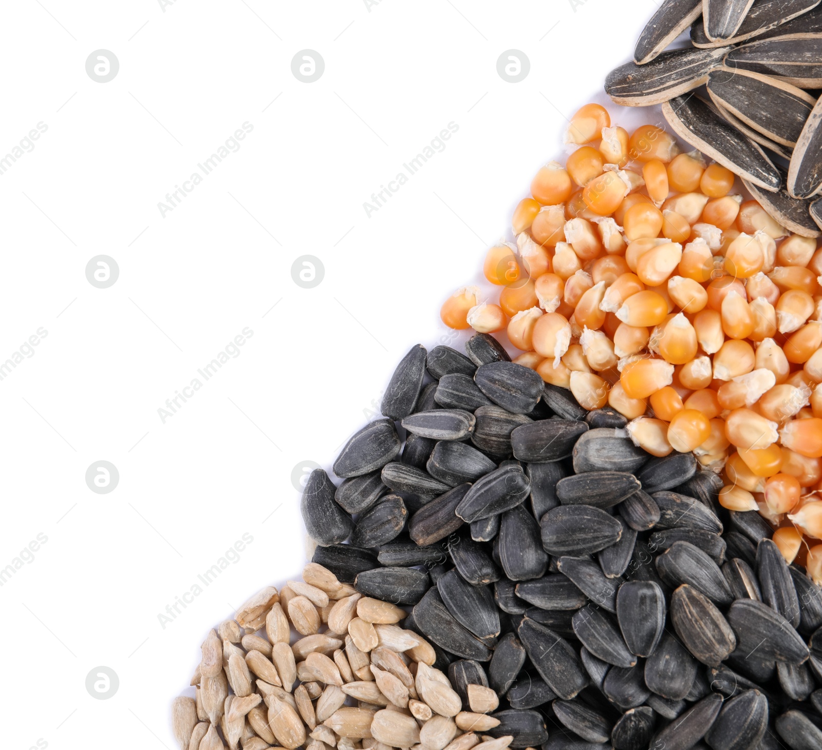 Photo of Different sunflower seeds and corn kernels isolated on white, top view