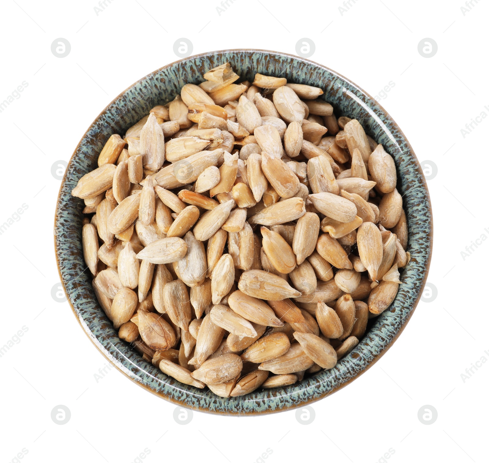 Photo of Peeled sunflower seeds in bowl isolated on white, top view