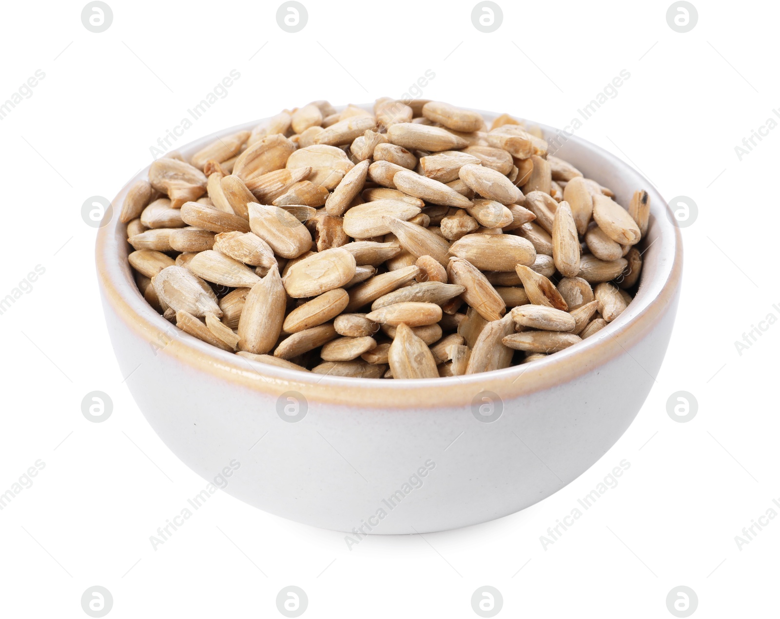 Photo of Peeled sunflower seeds in bowl isolated on white