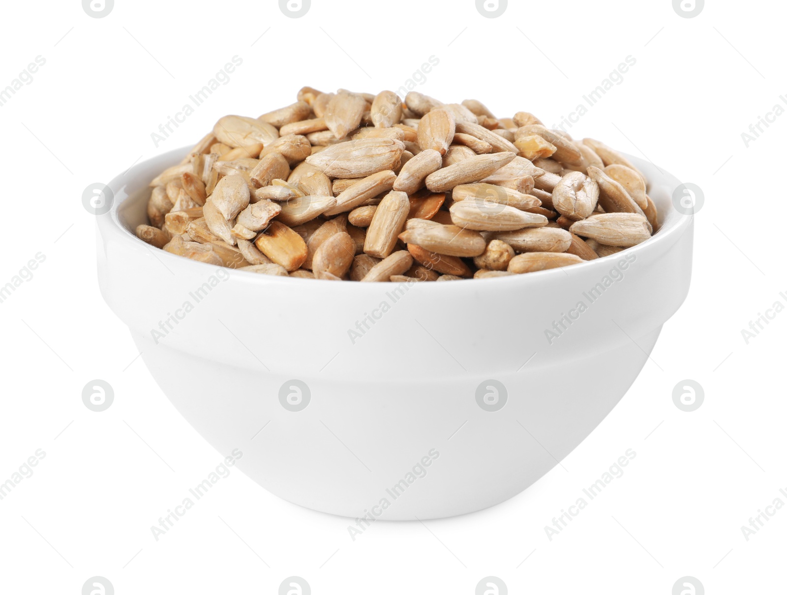 Photo of Peeled sunflower seeds in bowl isolated on white