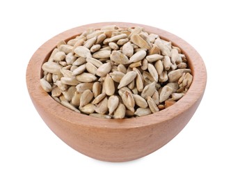 Photo of Peeled sunflower seeds in wooden bowl isolated on white