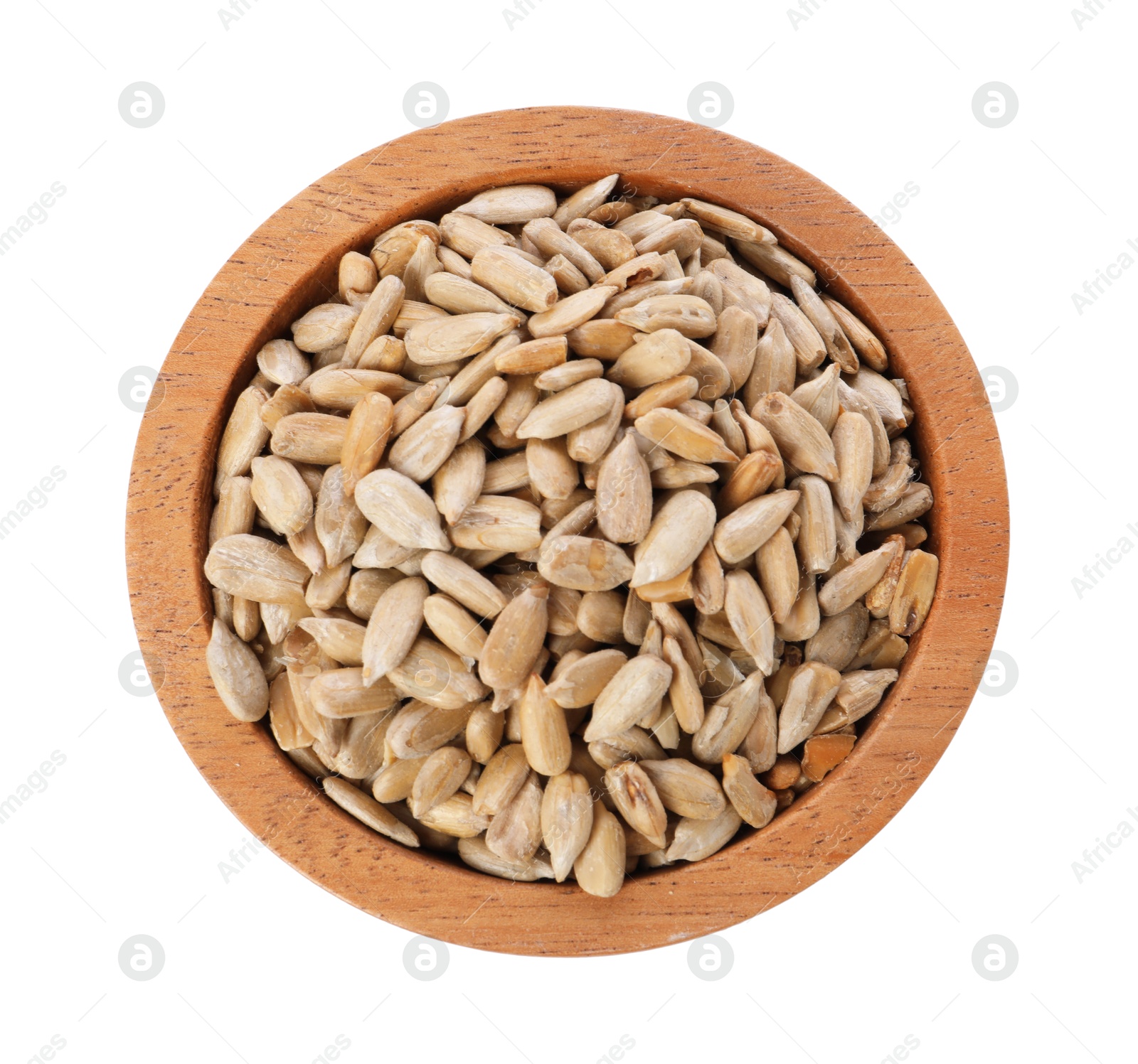 Photo of Peeled sunflower seeds in wooden bowl isolated on white, top view