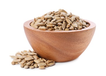 Photo of Peeled sunflower seeds in wooden bowl isolated on white