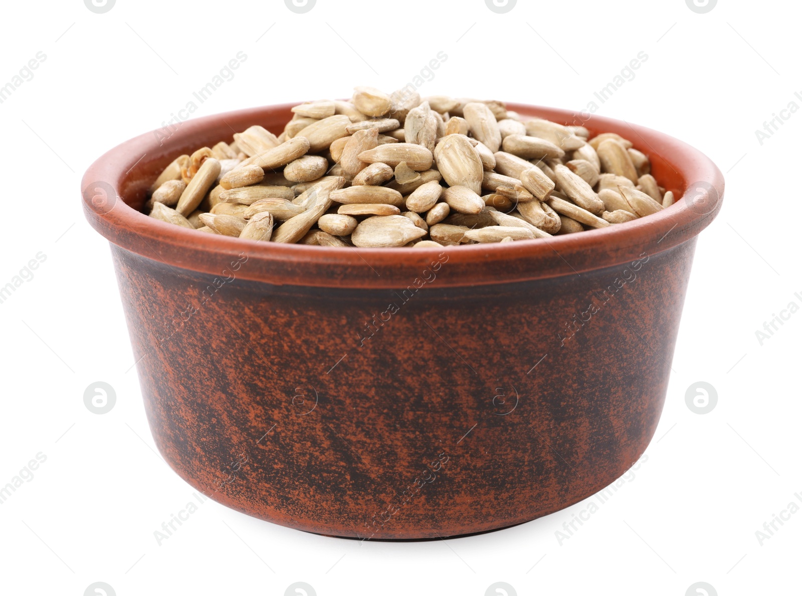 Photo of Peeled sunflower seeds in bowl isolated on white