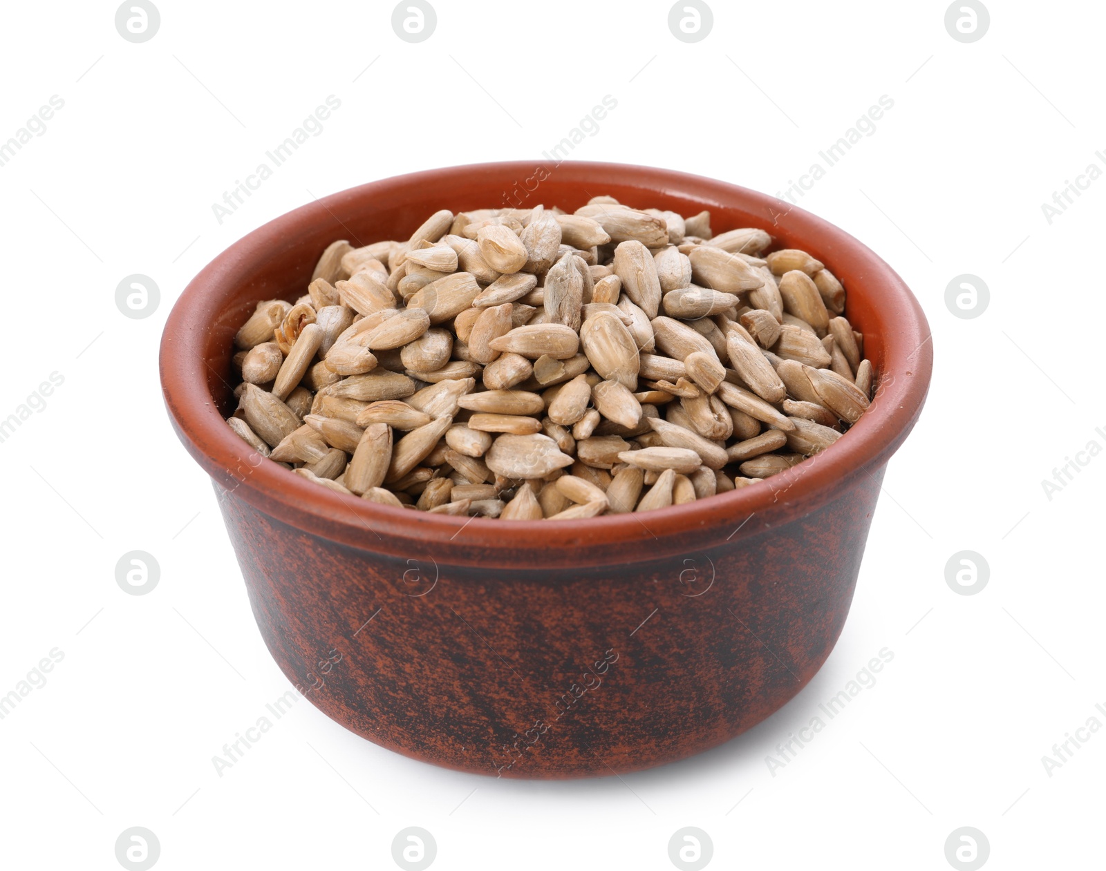 Photo of Peeled sunflower seeds in bowl isolated on white