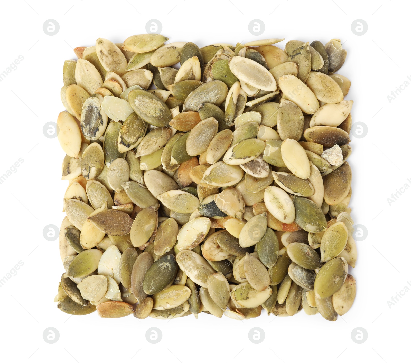 Photo of Pile of peeled pumpkin seeds isolated on white, top view